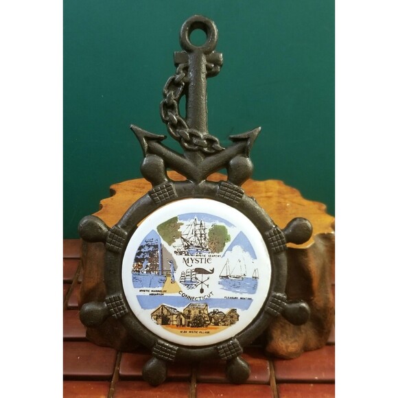 Mystic CT Souvenir Cast Iron & Ceramic Tile Trivet Anchor Ship's Wheel Nautical - Picture 1 of 3